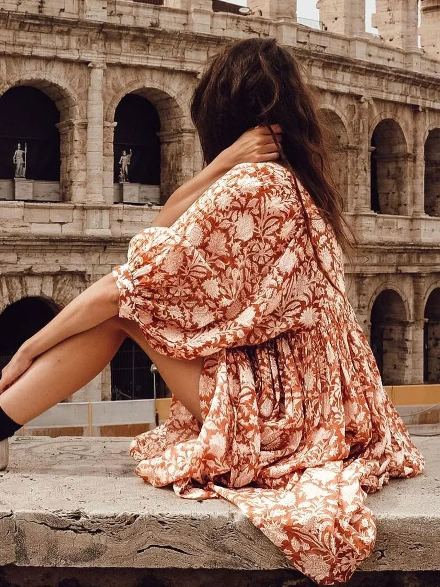 Women's Dress - Flowy Bohemian Style - Three-Quarter Sleeve - Floral Print Casual Wear by Lumina Vancouver