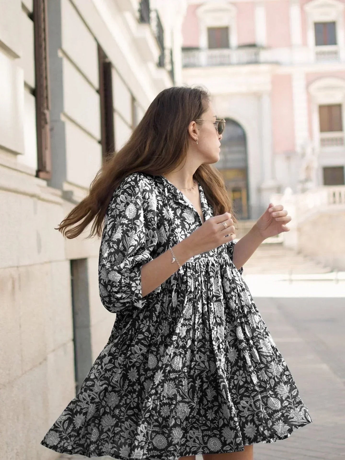 Women's Dress - Flowy Bohemian Style - Three-Quarter Sleeve - Floral Print Casual Wear by Lumina Vancouver