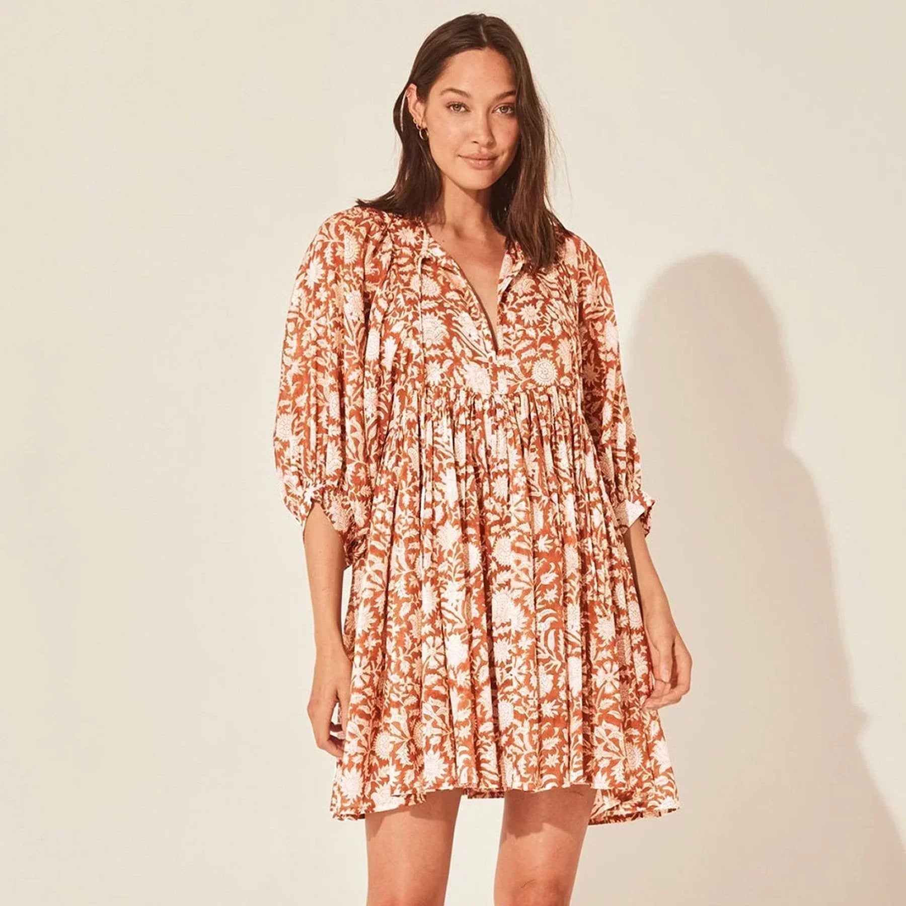 Women's Dress - Flowy Bohemian Style - Three-Quarter Sleeve - Floral Print Casual Wear by Lumina Vancouver
