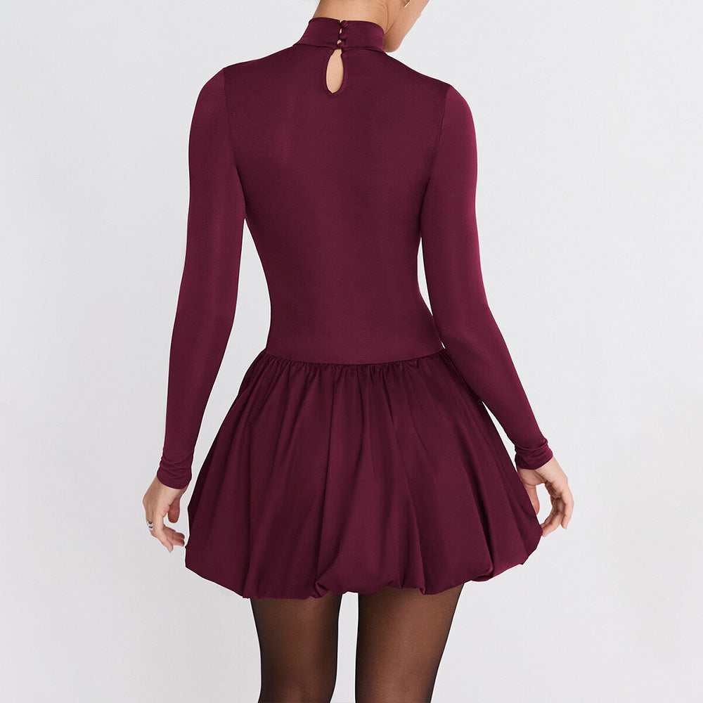 Women’s A-Line Mini Dress – Slim Fit – High Neck – Long Sleeve – Gathered Skirt by Lumina Vancouver