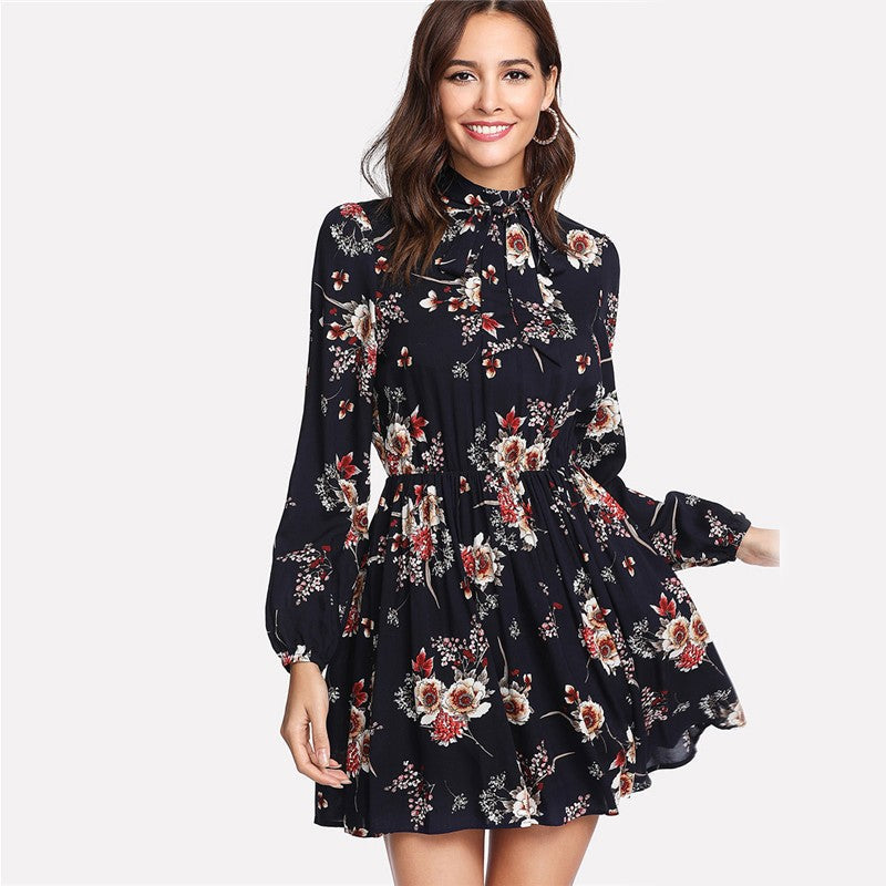 Women's Floral Dress - High Neck - Long Puff Sleeves - Cinched Waist - Flowy A-Line by Lumina Vancouver