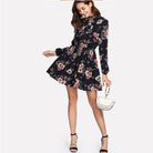 Women's Floral Dress - High Neck - Long Puff Sleeves - Cinched Waist - Flowy A-Line by Lumina Vancouver