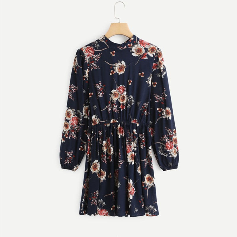 Women's Floral Dress - High Neck - Long Puff Sleeves - Cinched Waist - Flowy A-Line by Lumina Vancouver