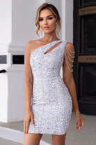Women's One-Shoulder Mini Dress - Sequin Fitted - Cutout Design - Chain Detail by Lumina Vancouver
