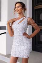 Women's One-Shoulder Mini Dress - Sequin Fitted - Cutout Design - Chain Detail by Lumina Vancouver
