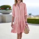Women's Button-Up Dress - Striped - Tiered Skirt - Rolled 3/4 Sleeves - Classic Collar by Lumina Vancouver