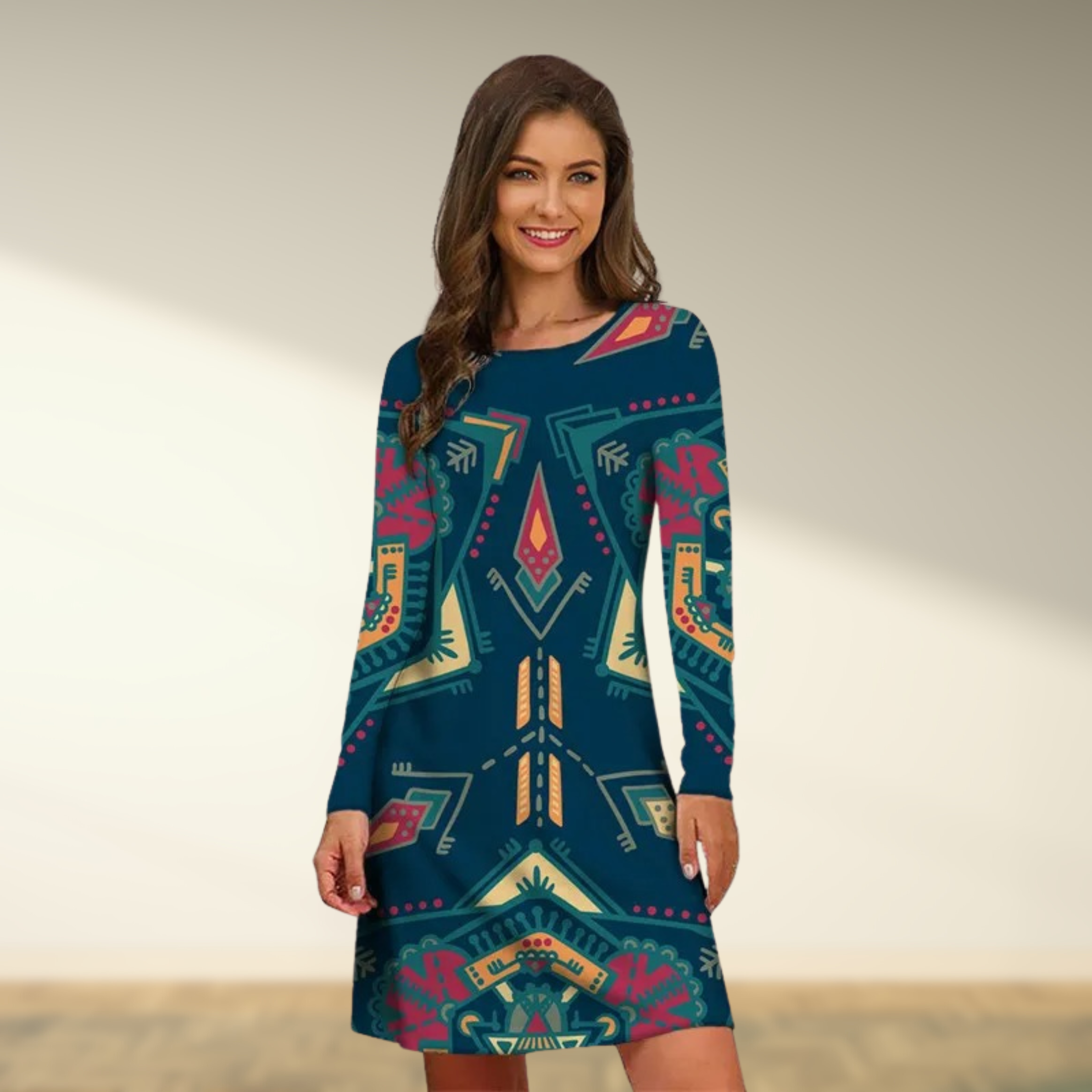Women's Long-Sleeve Dress - Geometric Tribal Pattern - A-Line Relaxed Fit by Lumina Vancouver