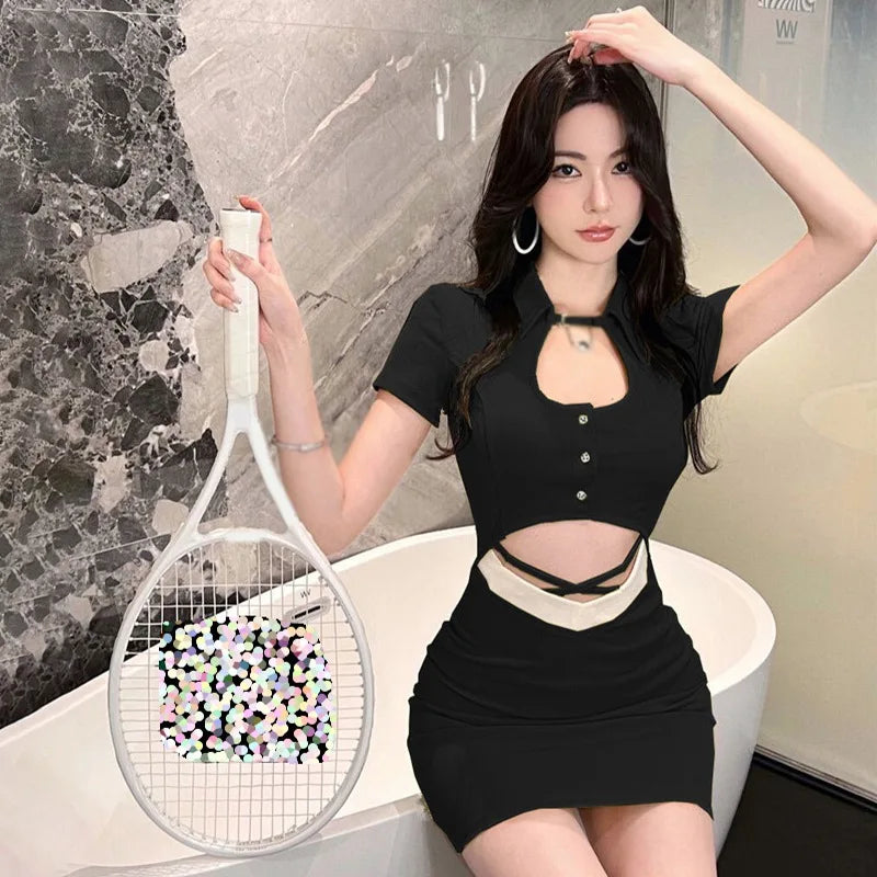 Women's Mini Dress - Slim Fit - Short Sleeve - Cutout Design - Button Front by Lumina Vancouver