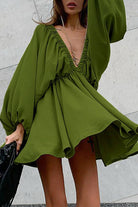 Women's Mini Dress - Deep V-Neck - Lantern Sleeve - Cinched Waist - Flared Skirt by Lumina Vancouver