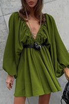 Women's Mini Dress - Deep V-Neck - Lantern Sleeve - Cinched Waist - Flared Skirt by Lumina Vancouver