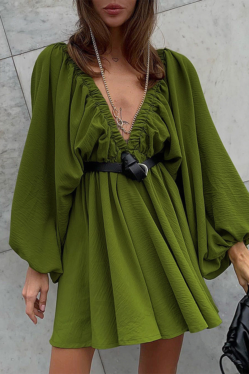 Women's Mini Dress - Deep V-Neck - Lantern Sleeve - Cinched Waist - Flared Skirt by Lumina Vancouver