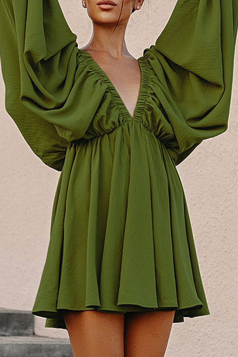 Women's Mini Dress - Deep V-Neck - Lantern Sleeve - Cinched Waist - Flared Skirt by Lumina Vancouver