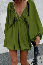 Women's Mini Dress - Deep V-Neck - Lantern Sleeve - Cinched Waist - Flared Skirt by Lumina Vancouver