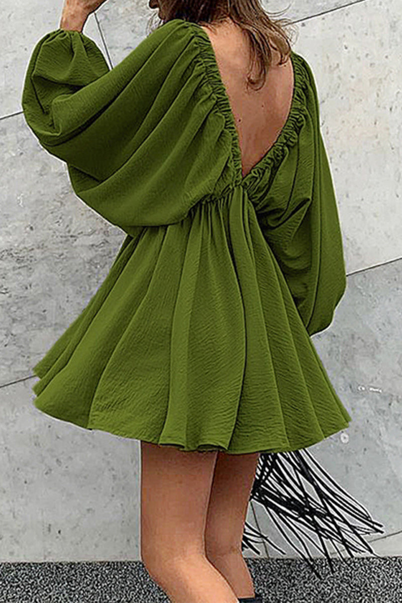 Women's Mini Dress - Deep V-Neck - Lantern Sleeve - Cinched Waist - Flared Skirt by Lumina Vancouver