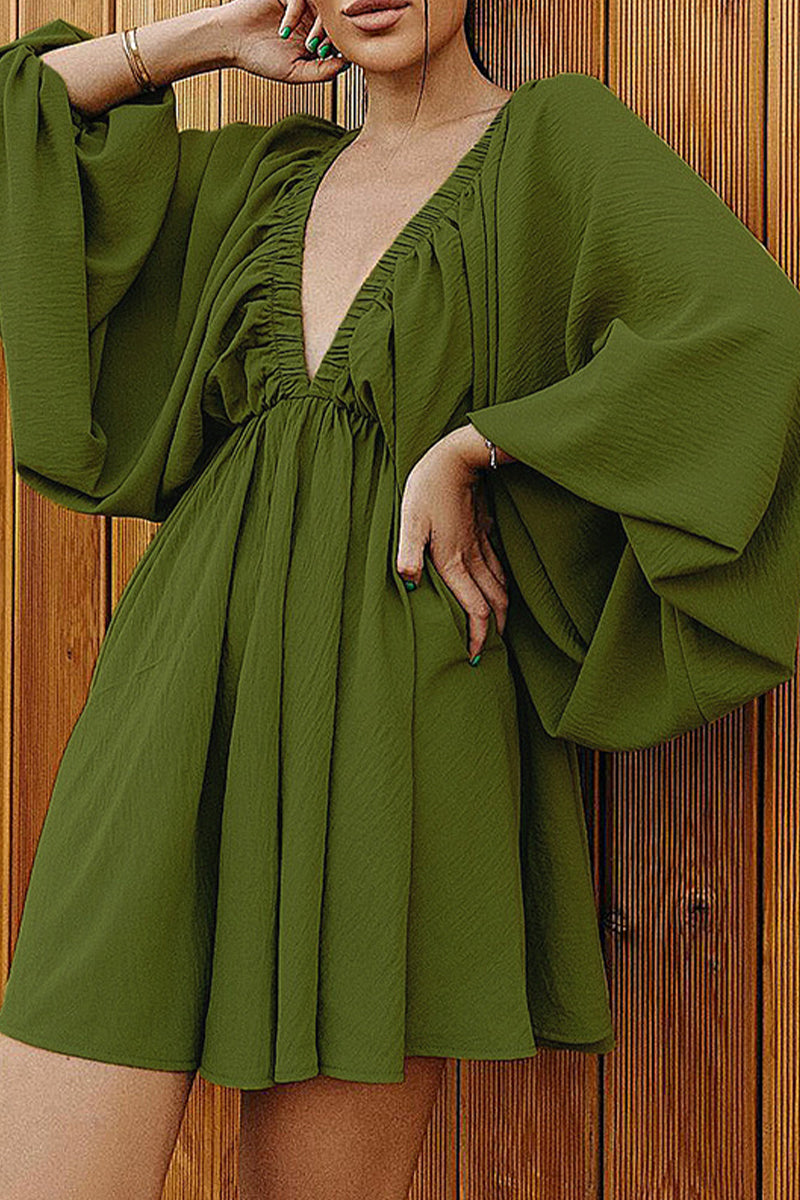 Women's Mini Dress - Deep V-Neck - Lantern Sleeve - Cinched Waist - Flared Skirt by Lumina Vancouver