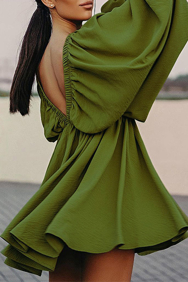 Women's Mini Dress - Deep V-Neck - Lantern Sleeve - Cinched Waist - Flared Skirt by Lumina Vancouver