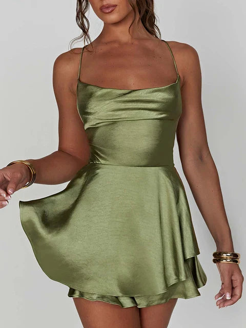 Women's Satin Mini Dress - Cowl Neck - Spaghetti Straps - Elegant A-Line Silhouette by Lumina Vancouver