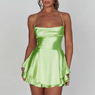 Women's Satin Mini Dress - Cowl Neck - Spaghetti Straps - Elegant A-Line Silhouette by Lumina Vancouver