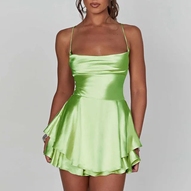 Women's Satin Mini Dress - Cowl Neck - Spaghetti Straps - Elegant A-Line Silhouette by Lumina Vancouver