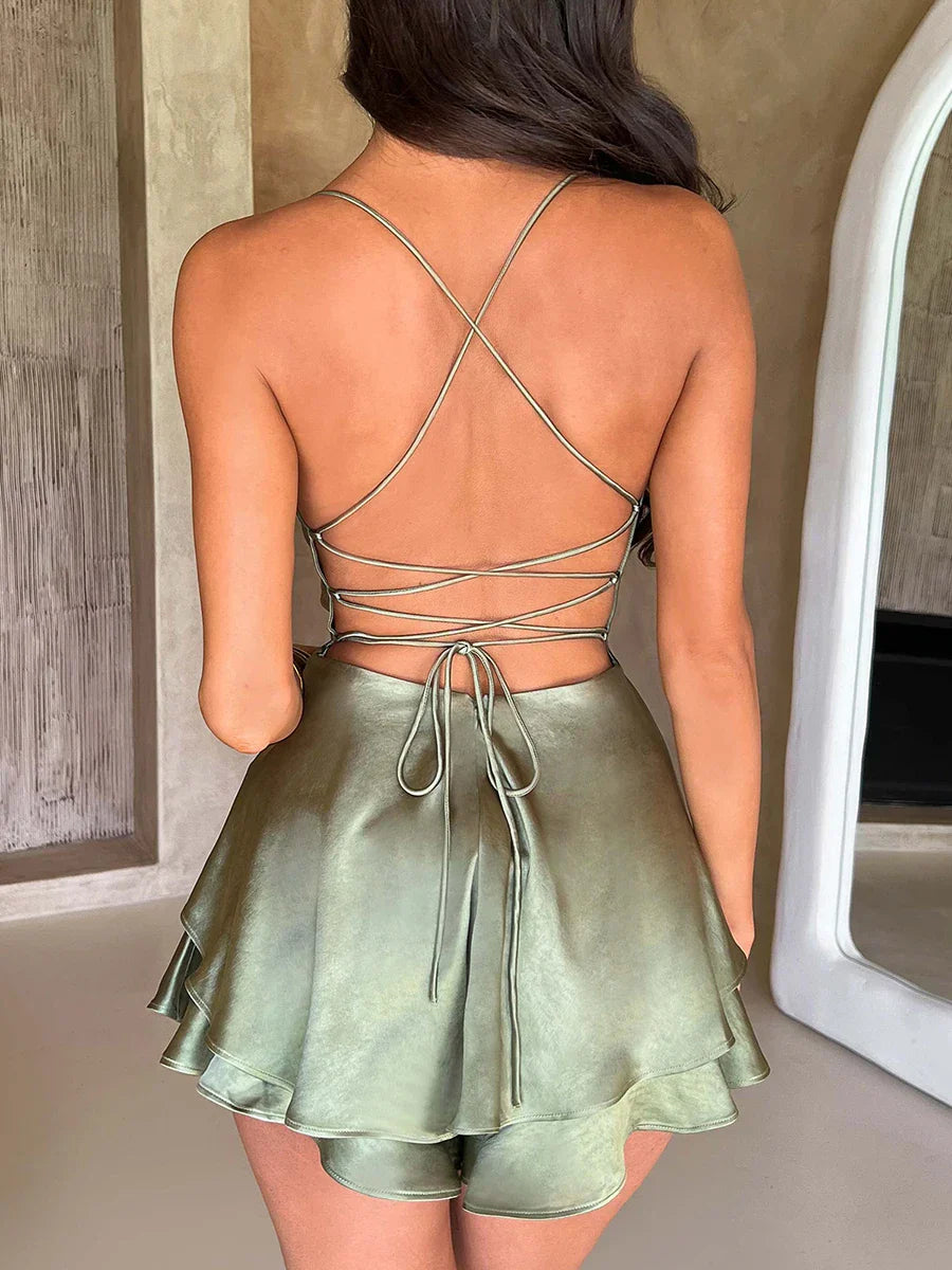 Women's Satin Mini Dress - Cowl Neck - Spaghetti Straps - Elegant A-Line Silhouette by Lumina Vancouver