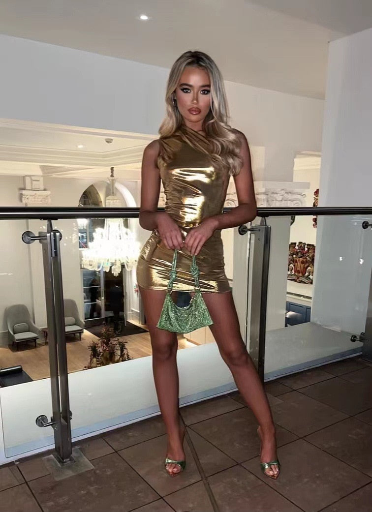 Women’s Mini Dress - One-Shoulder Asymmetrical Design - Shiny Metallic Party Wear by Lumina Vancouver