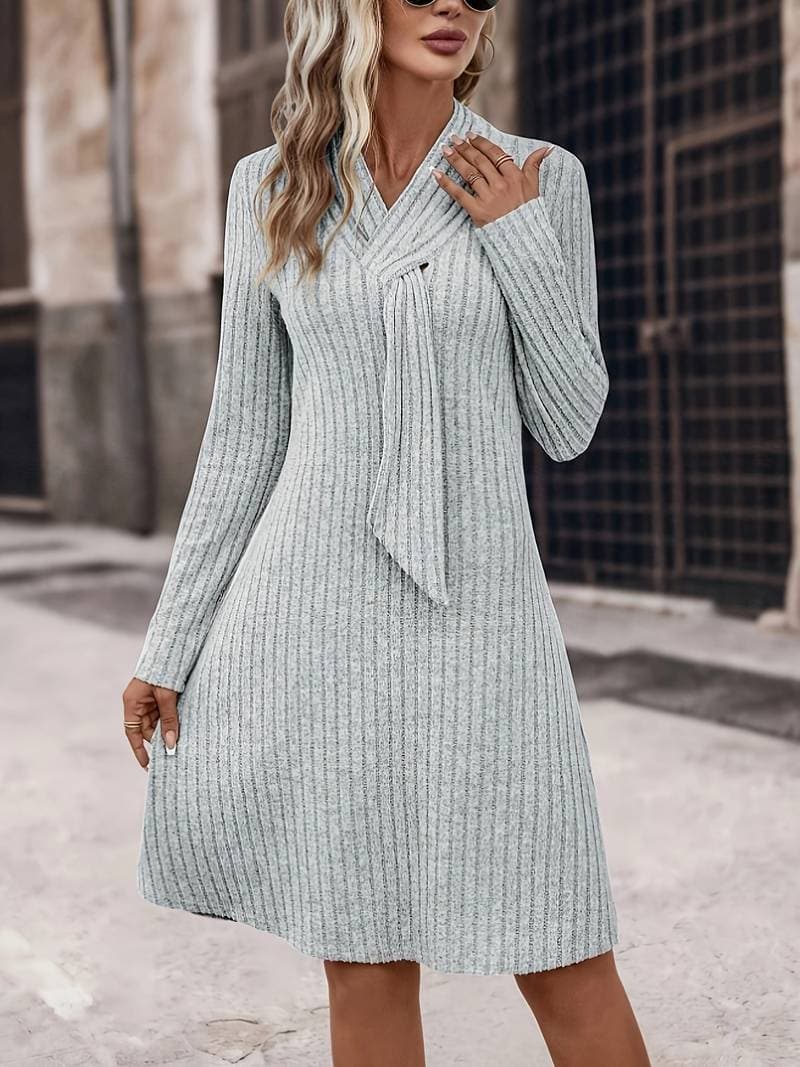 Women's Knit Dress - Ribbed Texture - Long Sleeve - Scarf Neck Elegant Fit by Lumina Vancouver