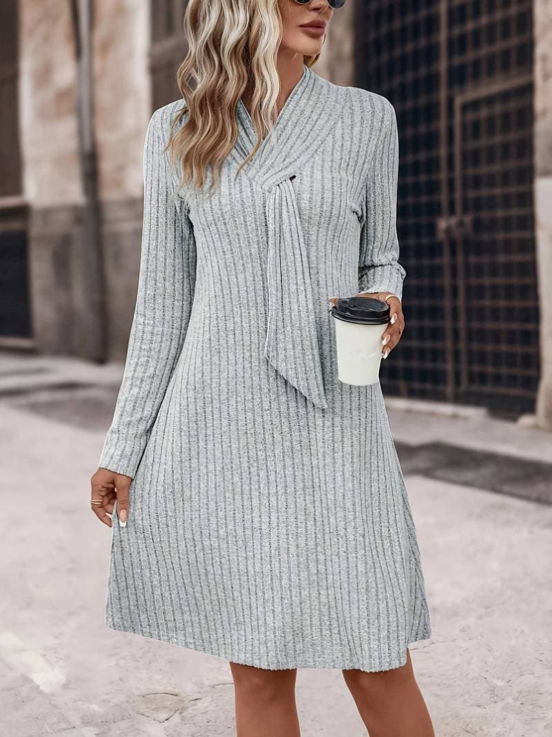 Women's Knit Dress - Ribbed Texture - Long Sleeve - Scarf Neck Elegant Fit by Lumina Vancouver