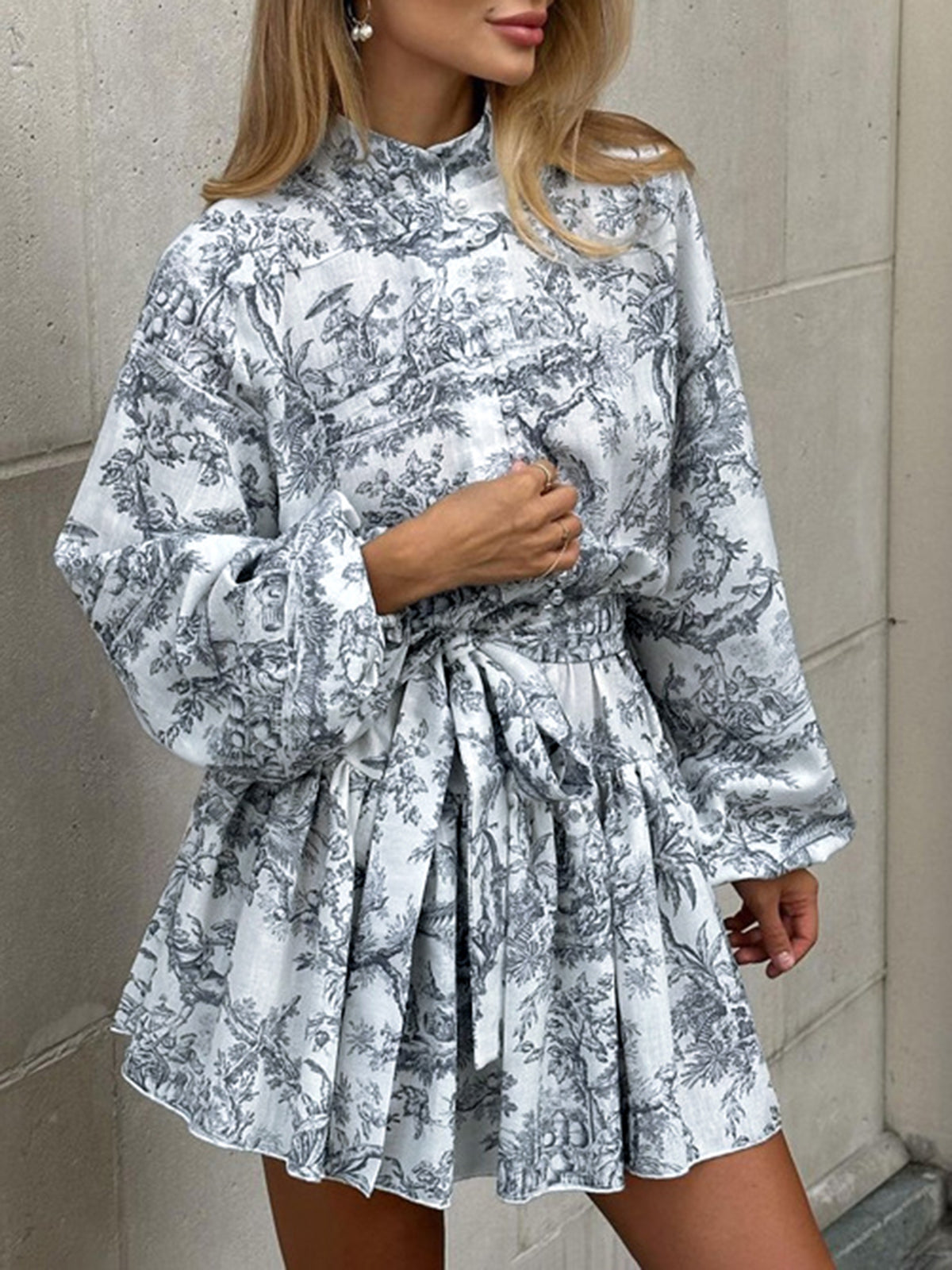 Women's A-Line Dress - Toile de Jouy Print - Fit-and-Flare - Long Sleeve High Collar by Lumina Vancouver