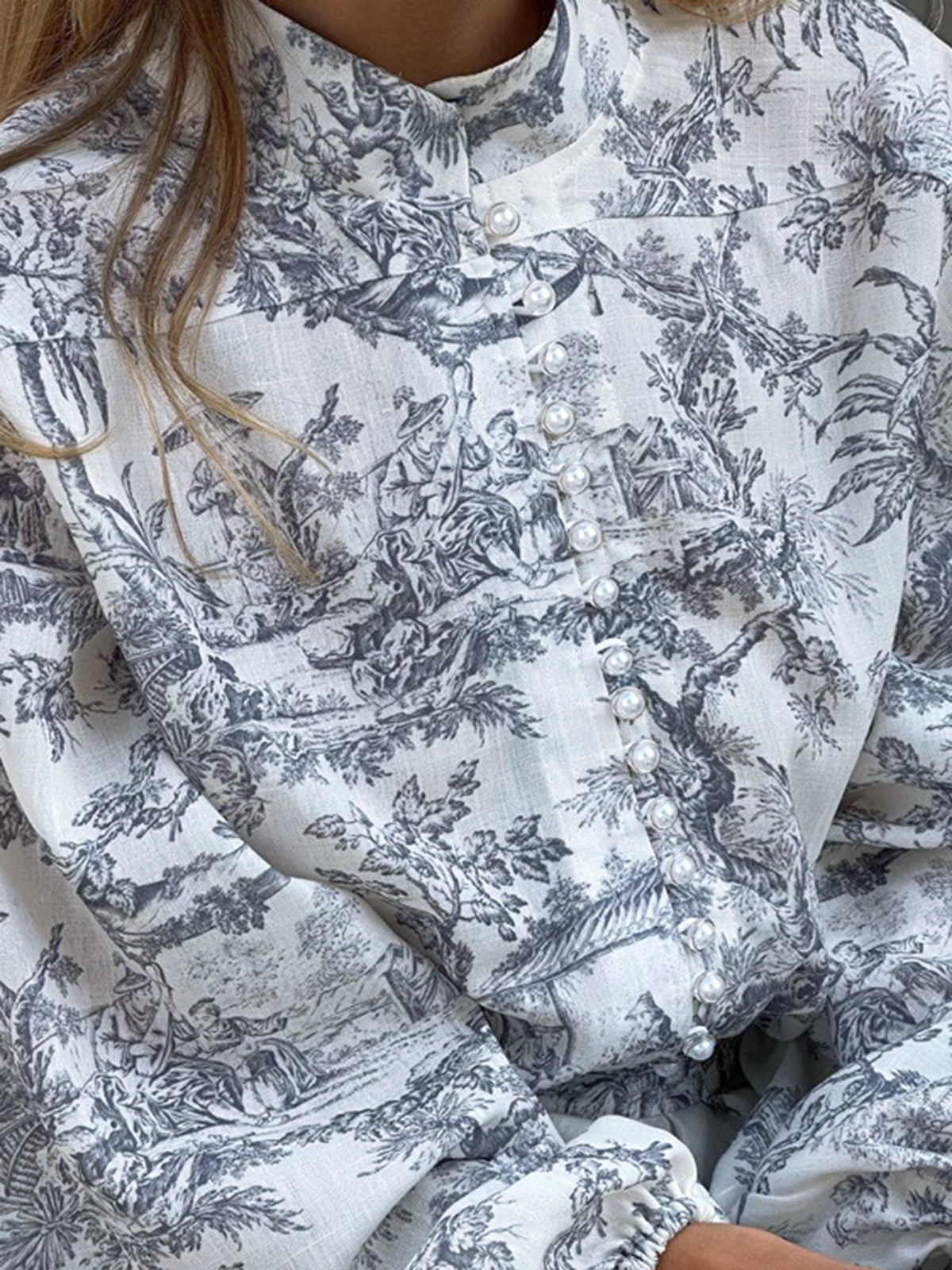 Women's A-Line Dress - Toile de Jouy Print - Fit-and-Flare - Long Sleeve High Collar by Lumina Vancouver