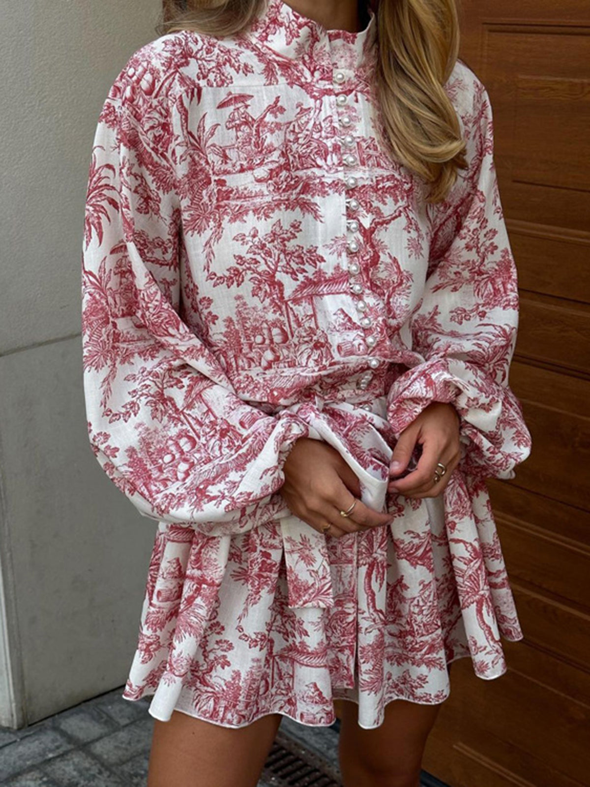 Women's A-Line Dress - Toile de Jouy Print - Fit-and-Flare - Long Sleeve High Collar by Lumina Vancouver