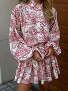 Women's A-Line Dress - Toile de Jouy Print - Fit-and-Flare - Long Sleeve High Collar by Lumina Vancouver