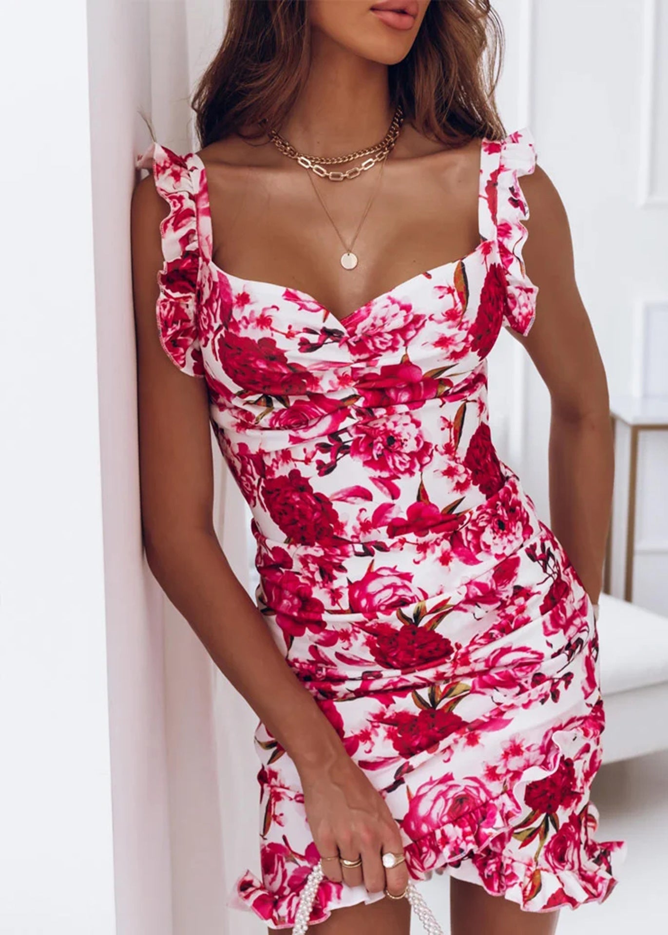 Women's Bodycon Dress - V-Neck Ruched Bust - Ruffle Hem - Floral Print Elegant Fit by Lumina Vancouver