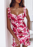 Women's Bodycon Dress - V-Neck Ruched Bust - Ruffle Hem - Floral Print Elegant Fit by Lumina Vancouver