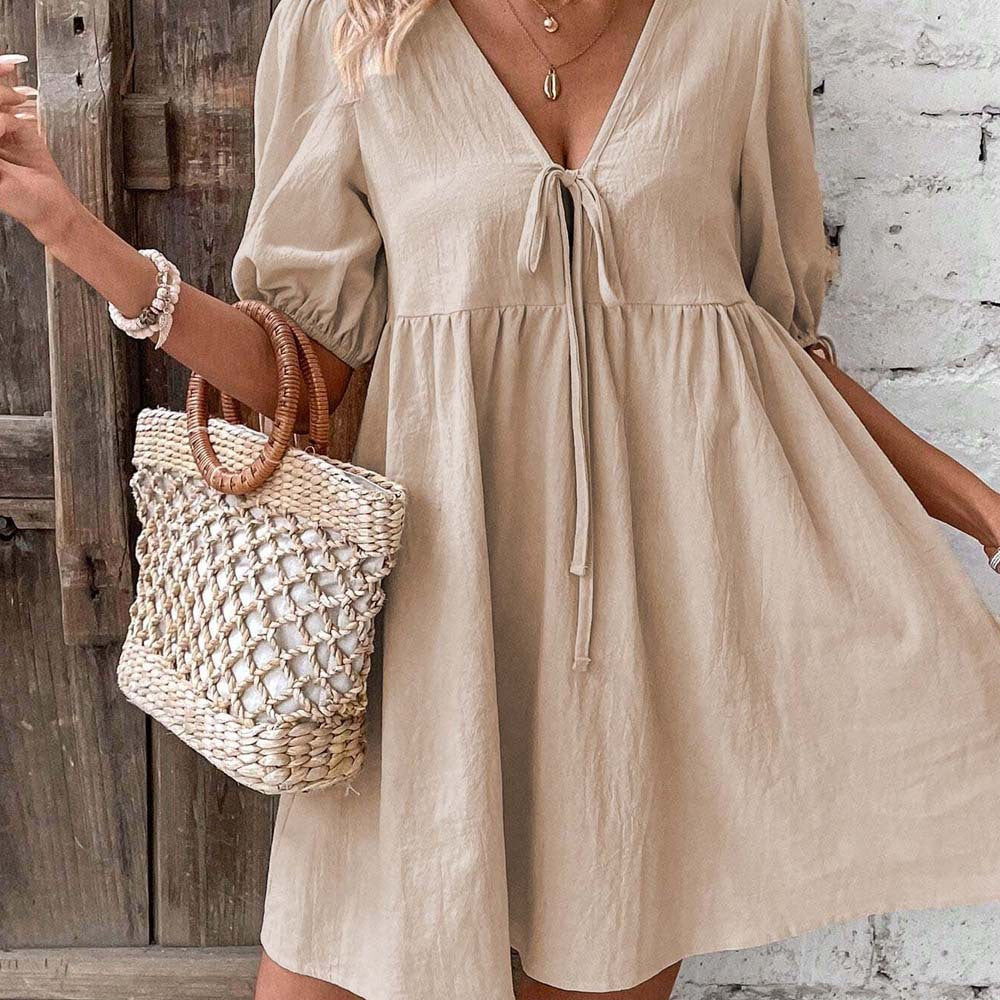 Women’s Mini Dress – A-Line Loose Fit – Deep V-Neck – Puff Sleeves – Tie Front by Lumina Vancouver