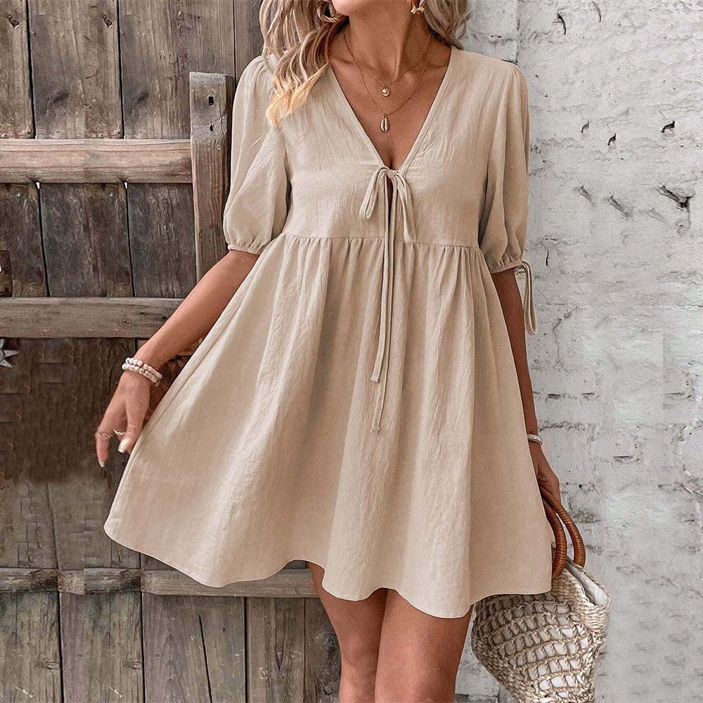 Women’s Mini Dress – A-Line Loose Fit – Deep V-Neck – Puff Sleeves – Tie Front by Lumina Vancouver