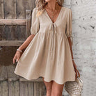 Women’s Mini Dress – A-Line Loose Fit – Deep V-Neck – Puff Sleeves – Tie Front by Lumina Vancouver