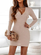 Women's Ribbed Knit Bodycon Dress - V-Neck - Button Detail - Long Sleeve Elegant Fit by Lumina Vancouver