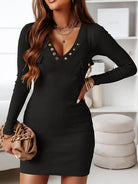 Women's Ribbed Knit Bodycon Dress - V-Neck - Button Detail - Long Sleeve Elegant Fit by Lumina Vancouver