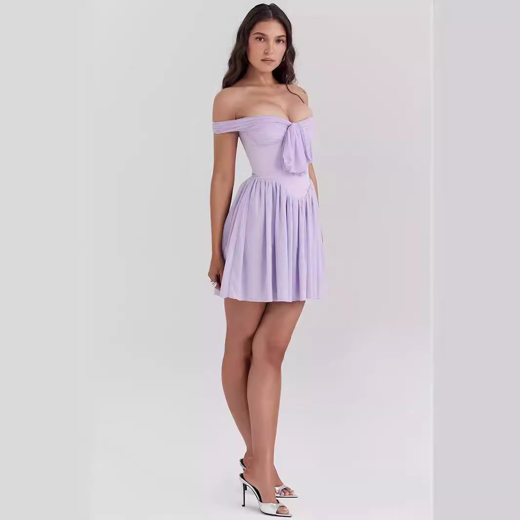 Women’s Mini Dress – Off Shoulder Fit and Flare – Bow Front – Lightweight Elegant Style by Lumina Vancouver