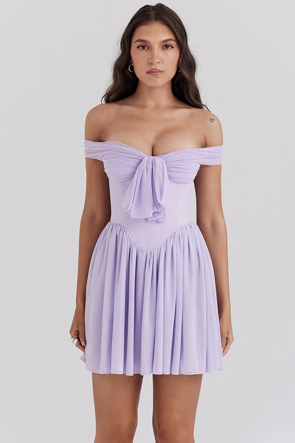 Women’s Mini Dress – Off Shoulder Fit and Flare – Bow Front – Lightweight Elegant Style by Lumina Vancouver