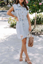 Women's Denim Dress - Sleeveless Button-Up - Collared Waist-Defined Distressed Look by Lumina Vancouver