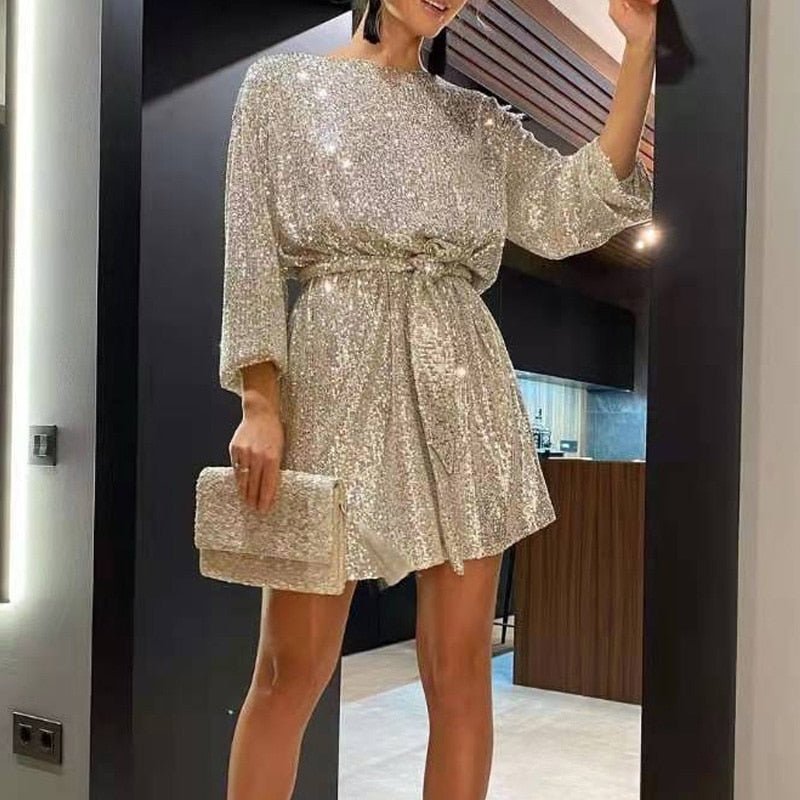 Women's Sequin Mini Dress - Long Sleeve - Relaxed Fit - Asymmetrical Party Wear by Lumina Vancouver