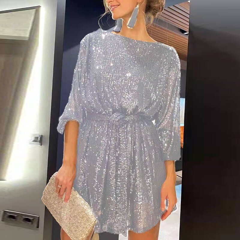 Women's Sequin Mini Dress - Long Sleeve - Relaxed Fit - Asymmetrical Party Wear by Lumina Vancouver