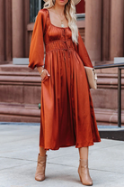 Women's Midi Dress - Square Neck - Puff Long Sleeves - Cinched Waist - Flowing Skirt by Lumina Vancouver