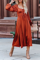 Women's Midi Dress - Square Neck - Puff Long Sleeves - Cinched Waist - Flowing Skirt by Lumina Vancouver