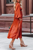 Women's Midi Dress - Square Neck - Puff Long Sleeves - Cinched Waist - Flowing Skirt by Lumina Vancouver