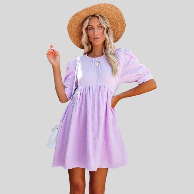 Women's Short Dress - Empire Waist - Puff Sleeves - Lightweight Textured Fabric - Relaxed Fit by Lumina Vancouver
