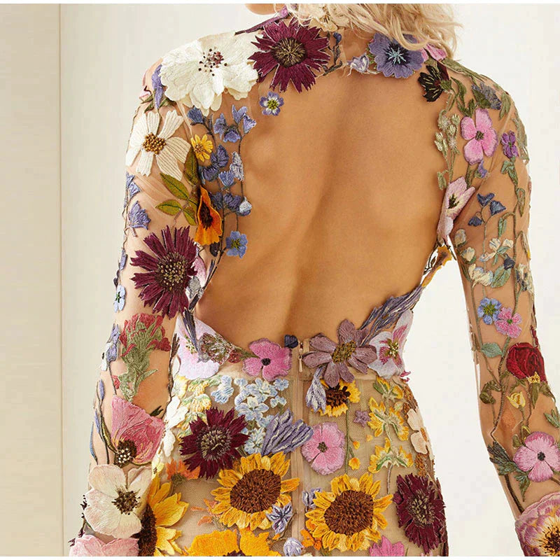 Women's Mini Dress - Floral Embroidery - Sheer Mesh - Long Sleeve Elegant Fit by Lumina Vancouver