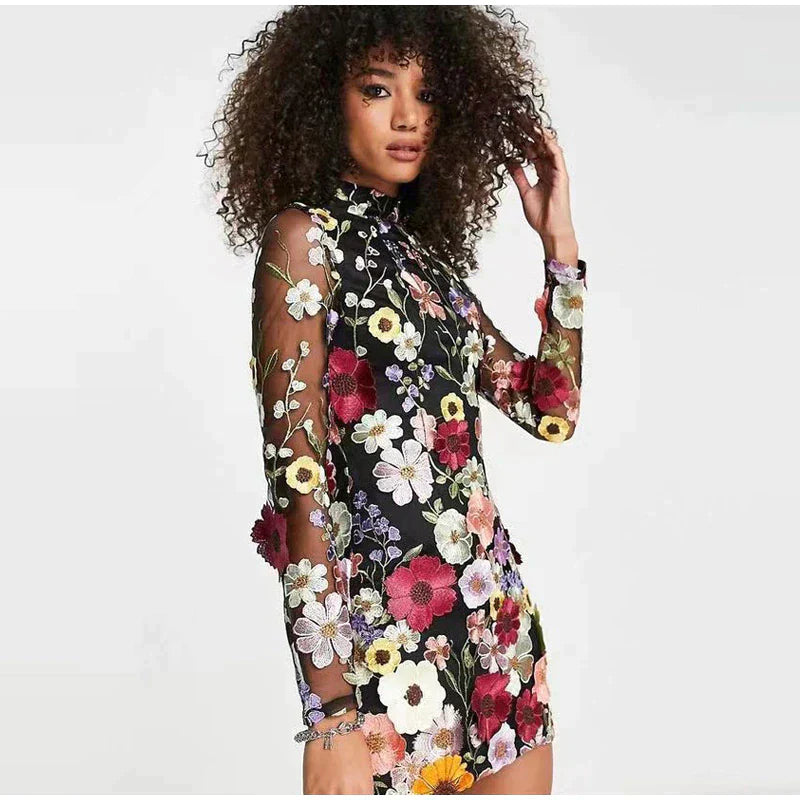 Women's Mini Dress - Floral Embroidery - Sheer Mesh - Long Sleeve Elegant Fit by Lumina Vancouver