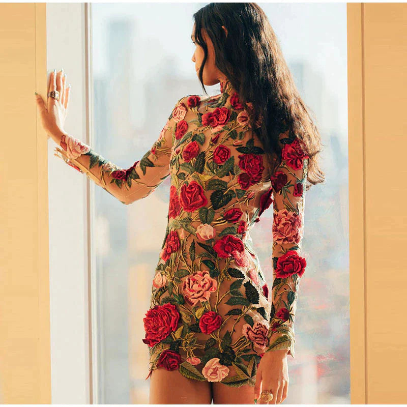 Women's Mini Dress - Floral Embroidery - Sheer Mesh - Long Sleeve Elegant Fit by Lumina Vancouver